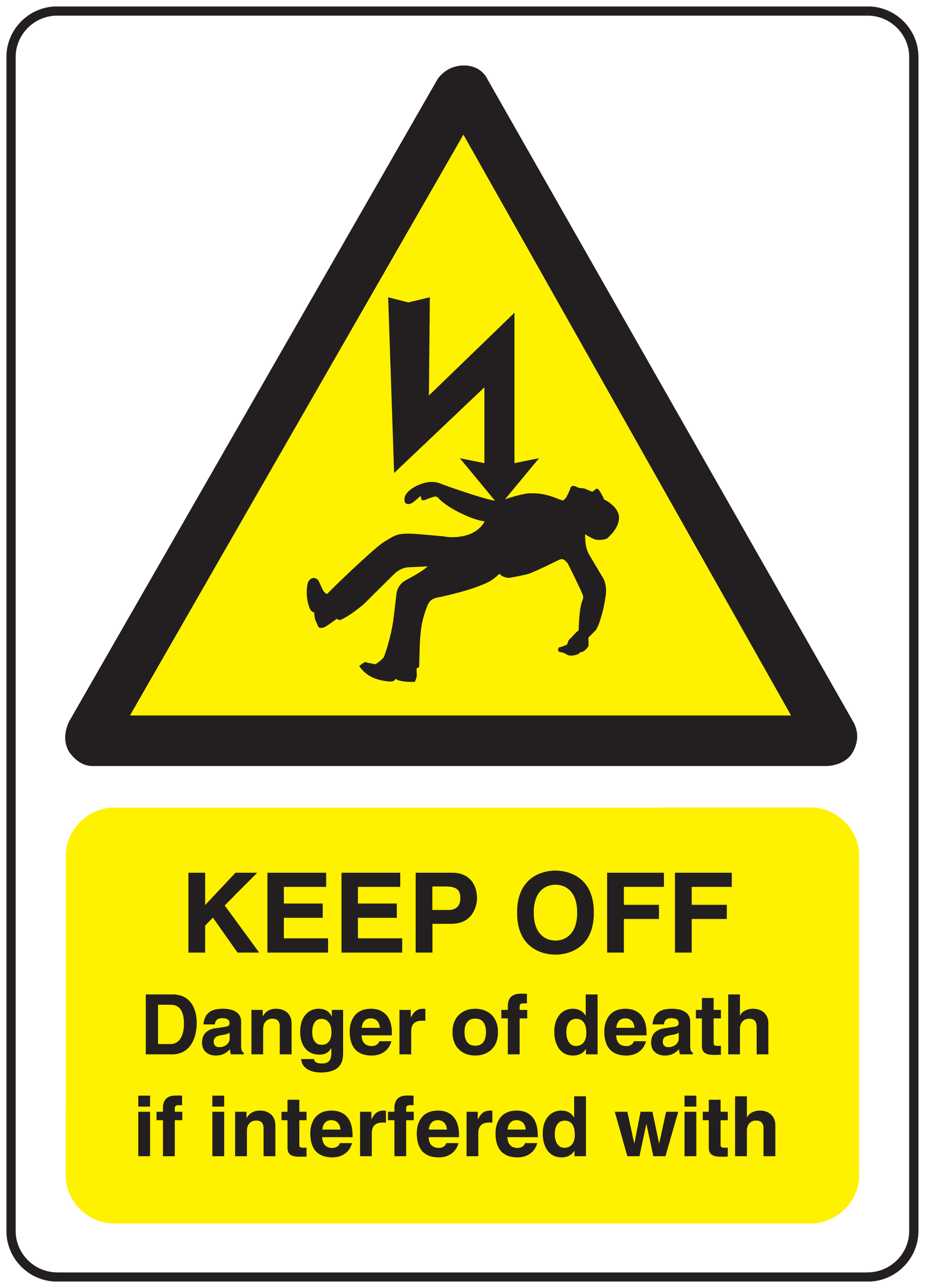 Danger of death warning sticker: yellow triangle, KEEP OFF, and danger text