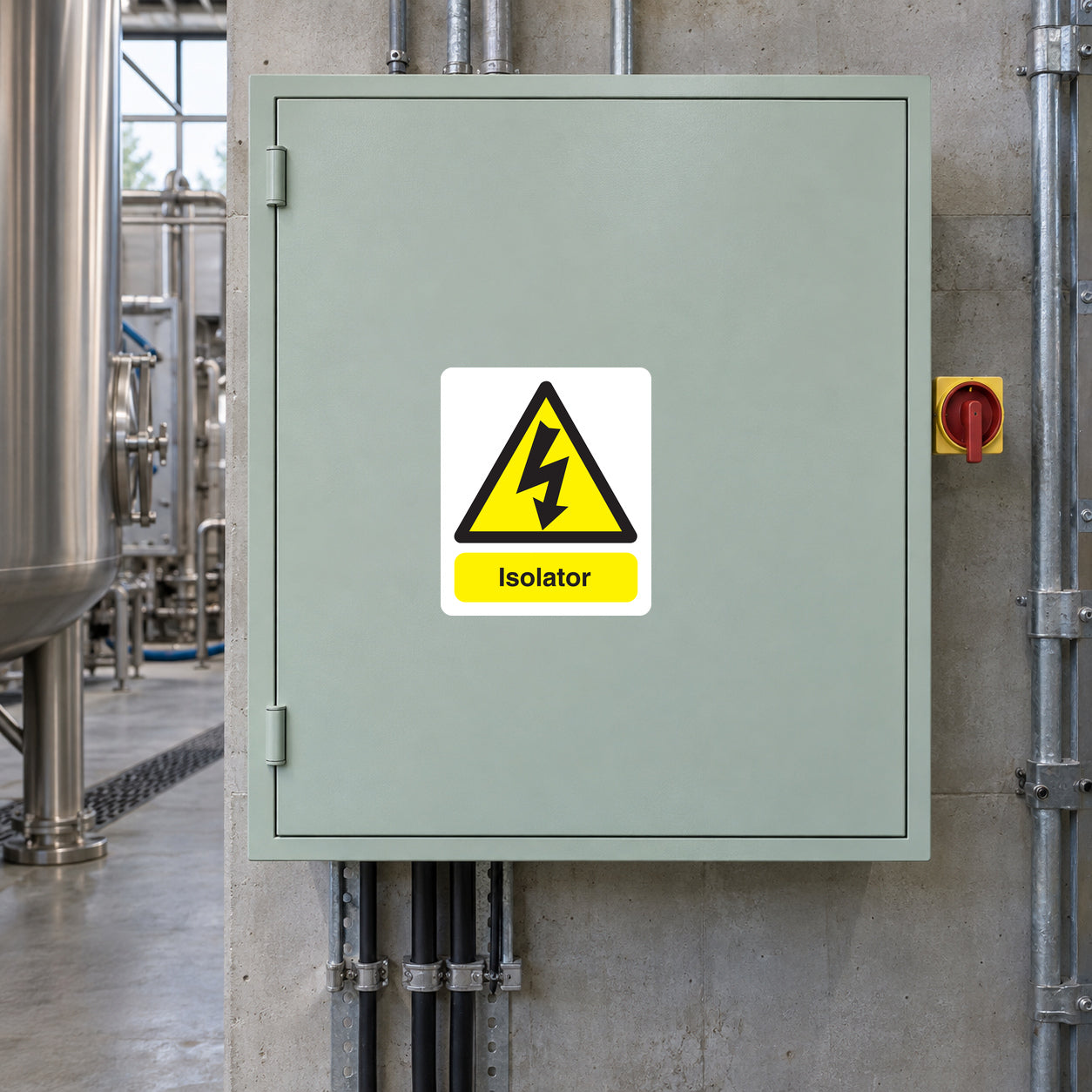 Caution isolator warning sticker with yellow triangular hazard icon and 'Isolator' label