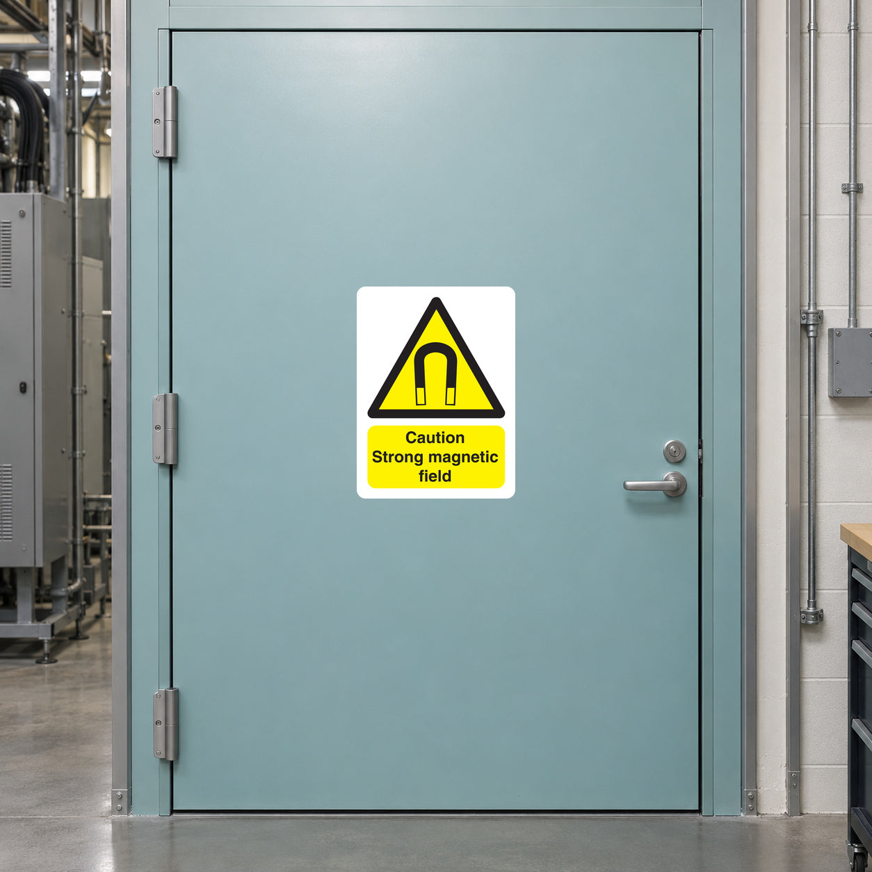 Caution strong magnetic field warning sticker with yellow triangle and black text