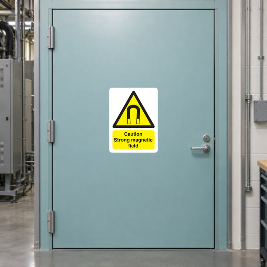Caution strong magnetic field warning sticker with yellow triangle and black text