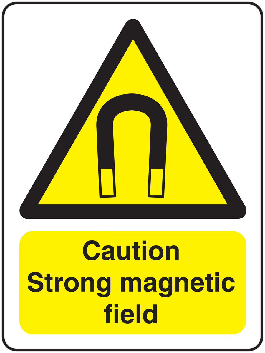 Caution strong magnetic field sticker with yellow triangle and warning text