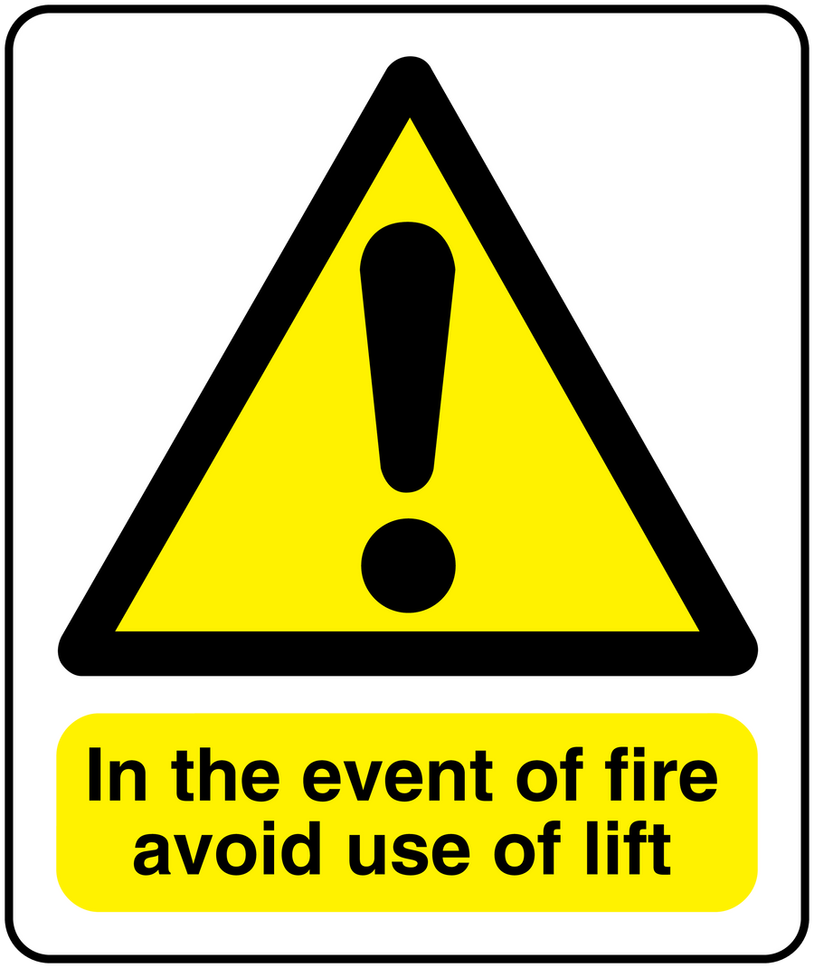 Warning fire safety sticker with yellow triangle and exclamation, text: "In the event of fire avoid use of lift"