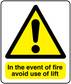Warning fire safety sticker with yellow triangle and exclamation, text: "In the event of fire avoid use of lift"