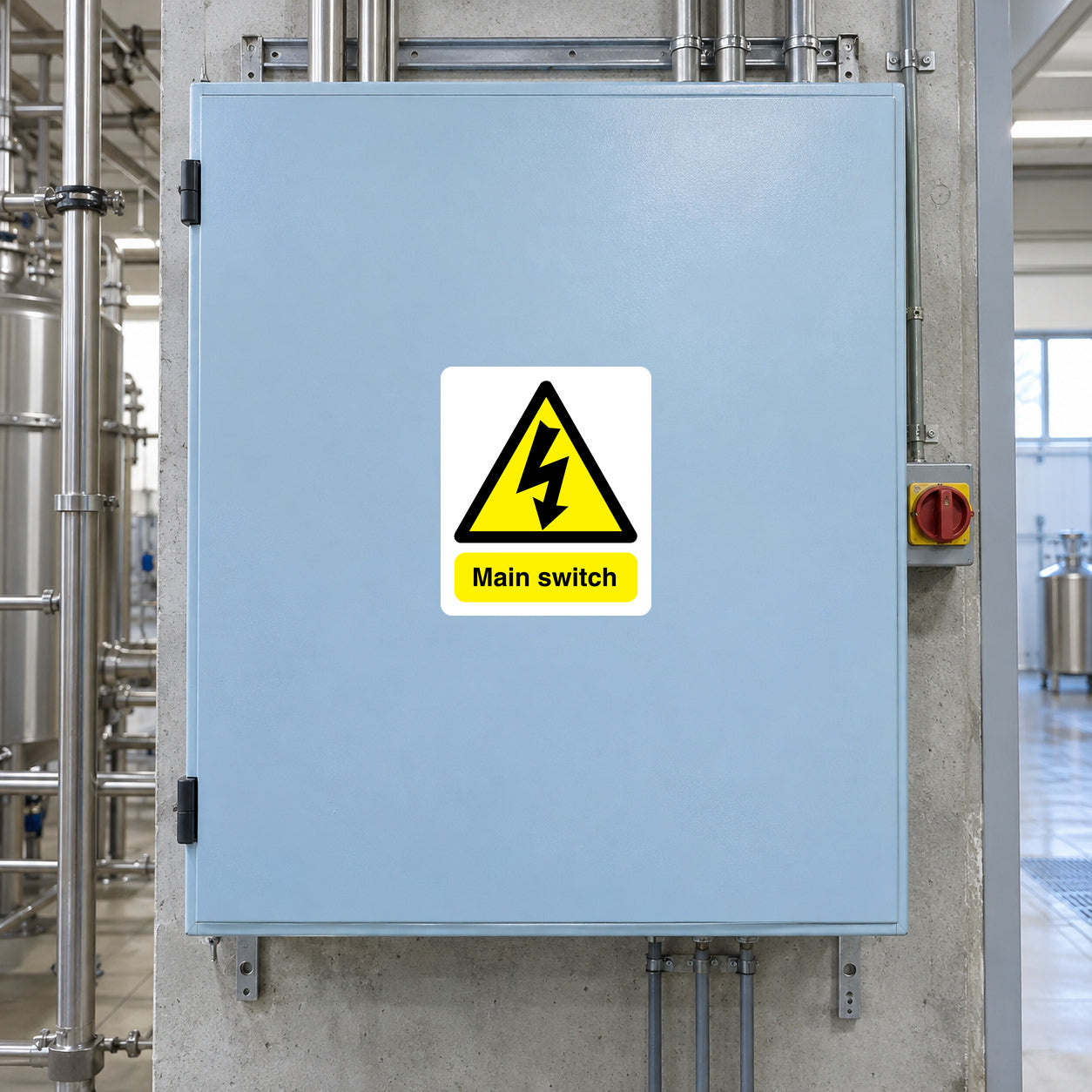 Electrical warning label sticker with yellow triangle and "Main switch" text