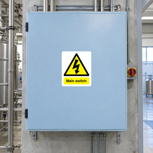 Electrical warning label sticker with yellow triangle and "Main switch" text