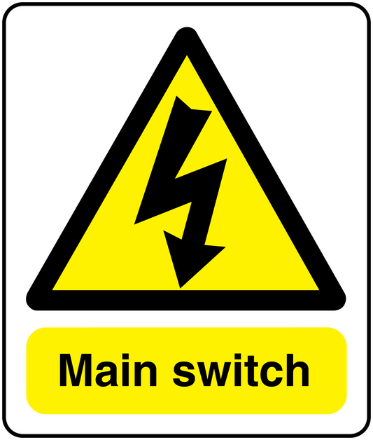 Warning main switch sticker with yellow triangle and lightning icon