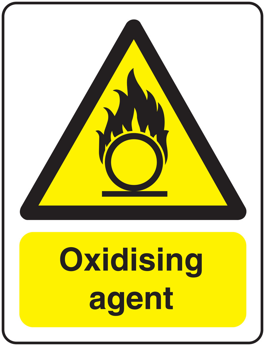 Oxidising agent caution sticker with flame over circle warning sign