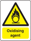 Oxidising agent caution sticker with flame over circle warning sign