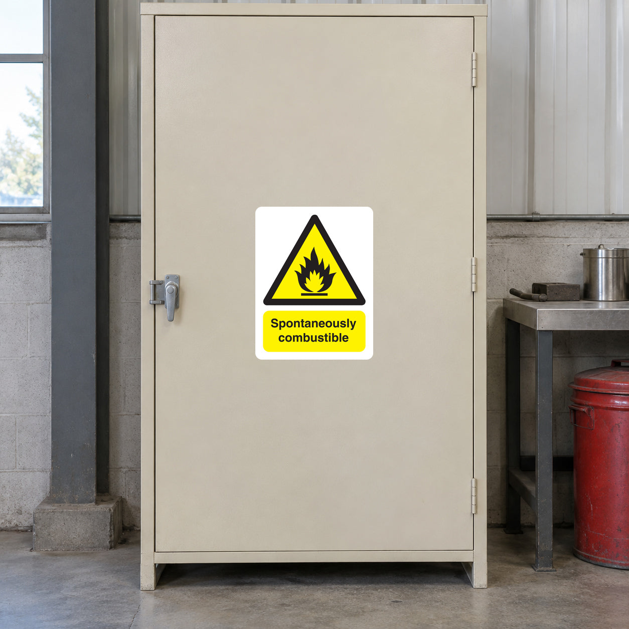 Safety warning sticker: yellow flame triangle, 'Spontaneously combustible' text
