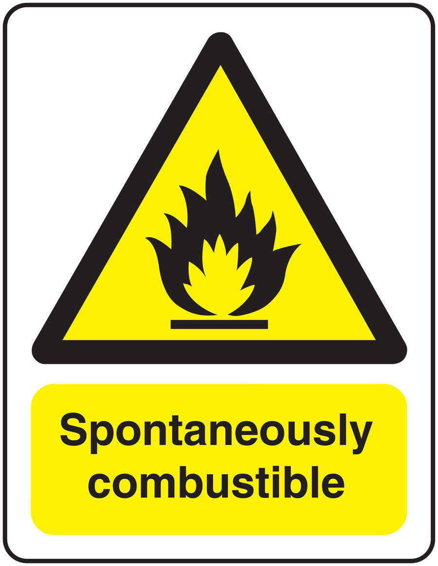 Warning sticker with yellow triangle flame icon and text 'Spontaneously combustible'.