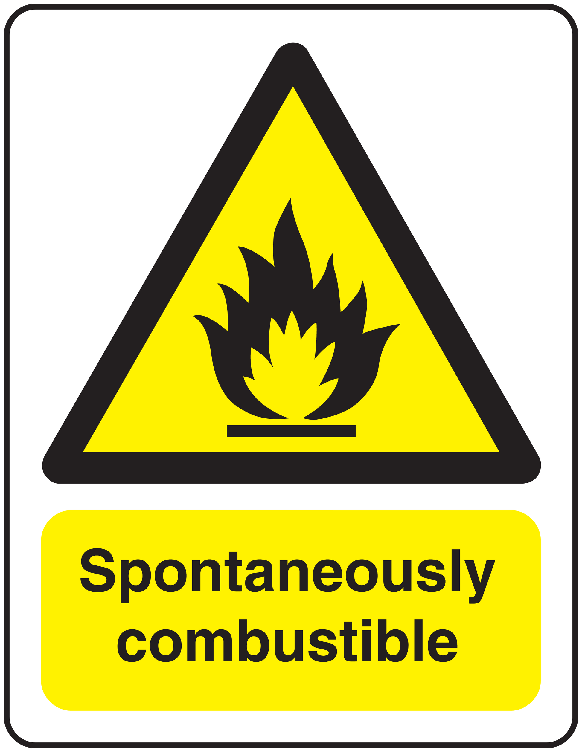 Warning sticker with yellow triangle flame icon and text 'Spontaneously combustible'.