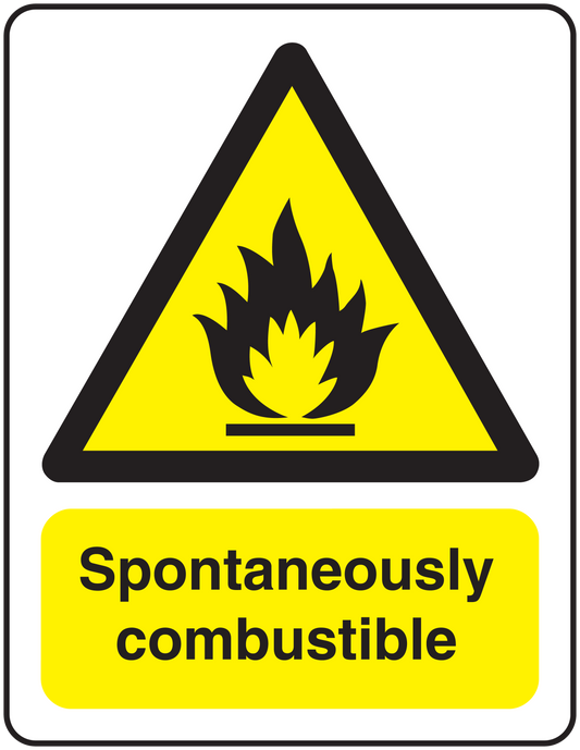 Warning sticker with yellow triangle flame icon and text 'Spontaneously combustible'.
