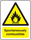 Warning sticker with yellow triangle flame icon and text 'Spontaneously combustible'.