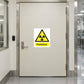 Radiation warning sticker with black and yellow hazard triangle and 'Radiation' text