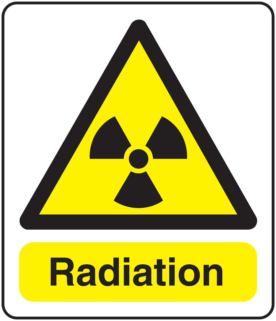 Radiation warning sticker with black trefoil symbol and “Radiation” text on yellow