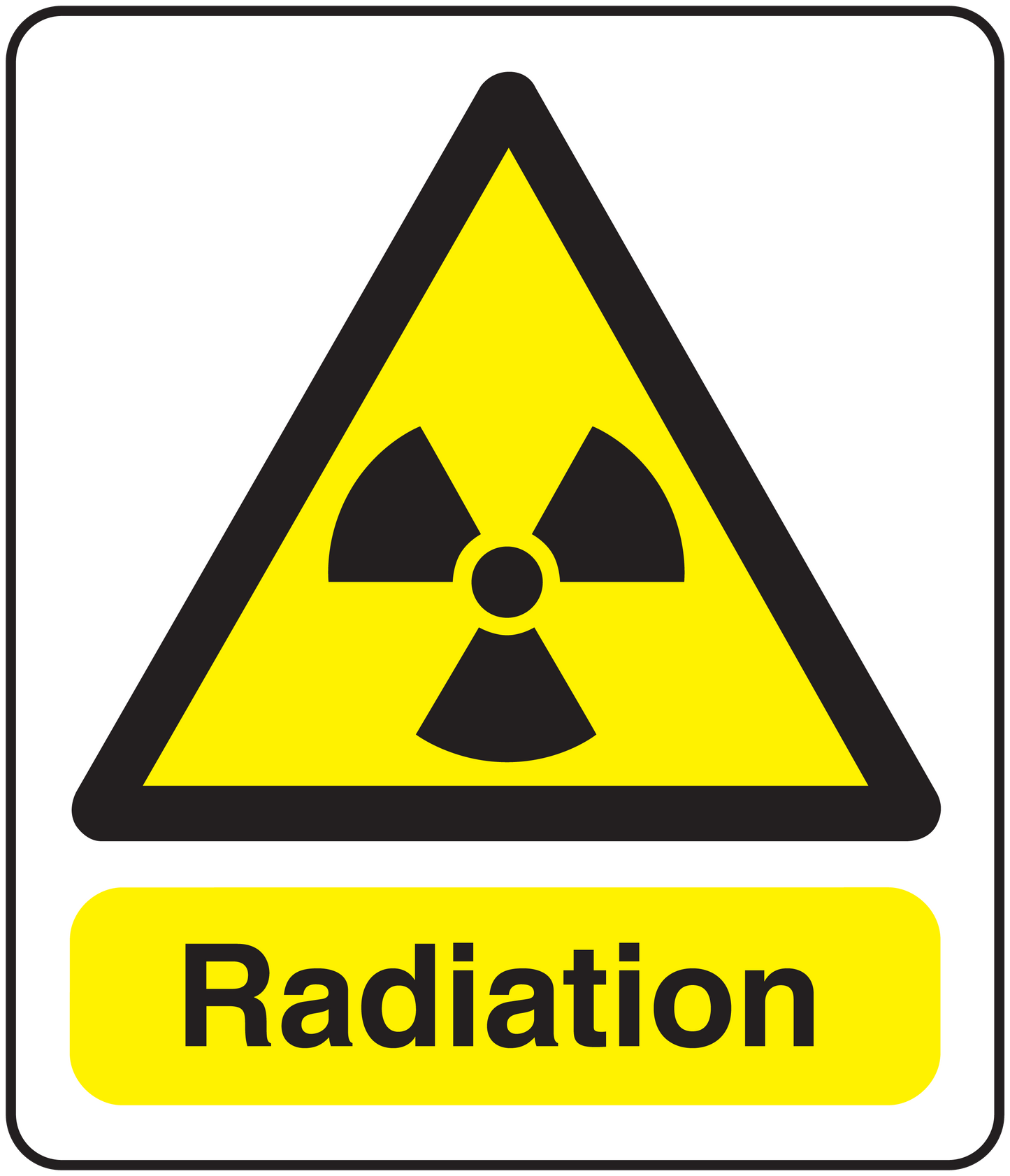 Radiation warning sticker with black trefoil symbol and “Radiation” text on yellow