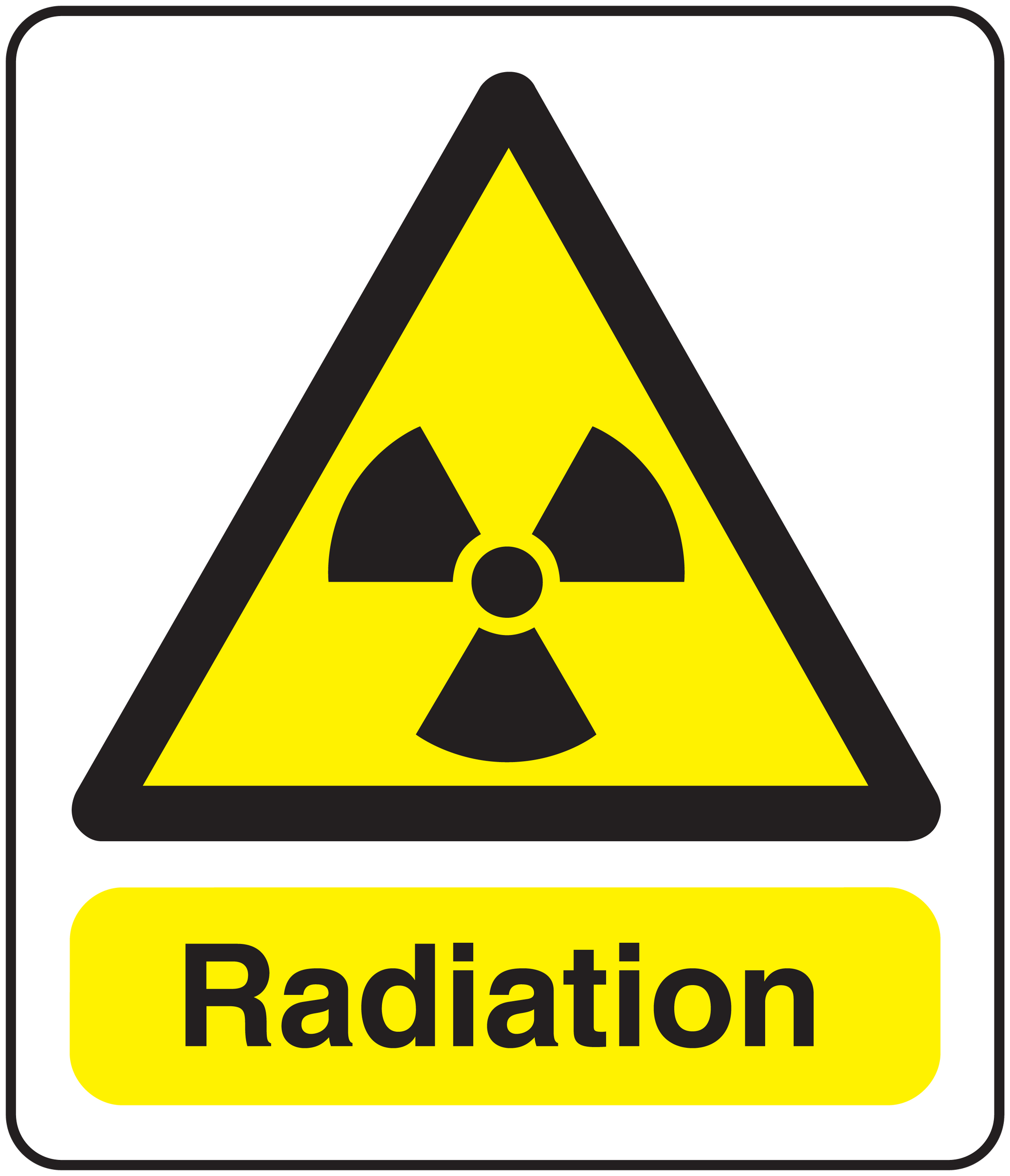 Radiation warning sticker with black trefoil symbol and “Radiation” text on yellow