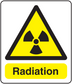 Radiation warning sticker with black trefoil symbol and “Radiation” text on yellow