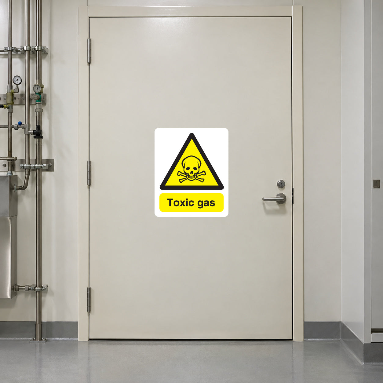 Caution Toxic Gas Sticker applied in Closed cream toxic-gas storage room door in a semiconductor support facility, opaque central face unbroken, lock far right, gas supply pipework only at far left.