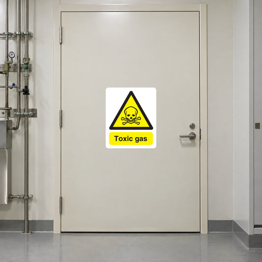 Toxic gas warning sticker with yellow hazard triangle and 'Toxic gas' text