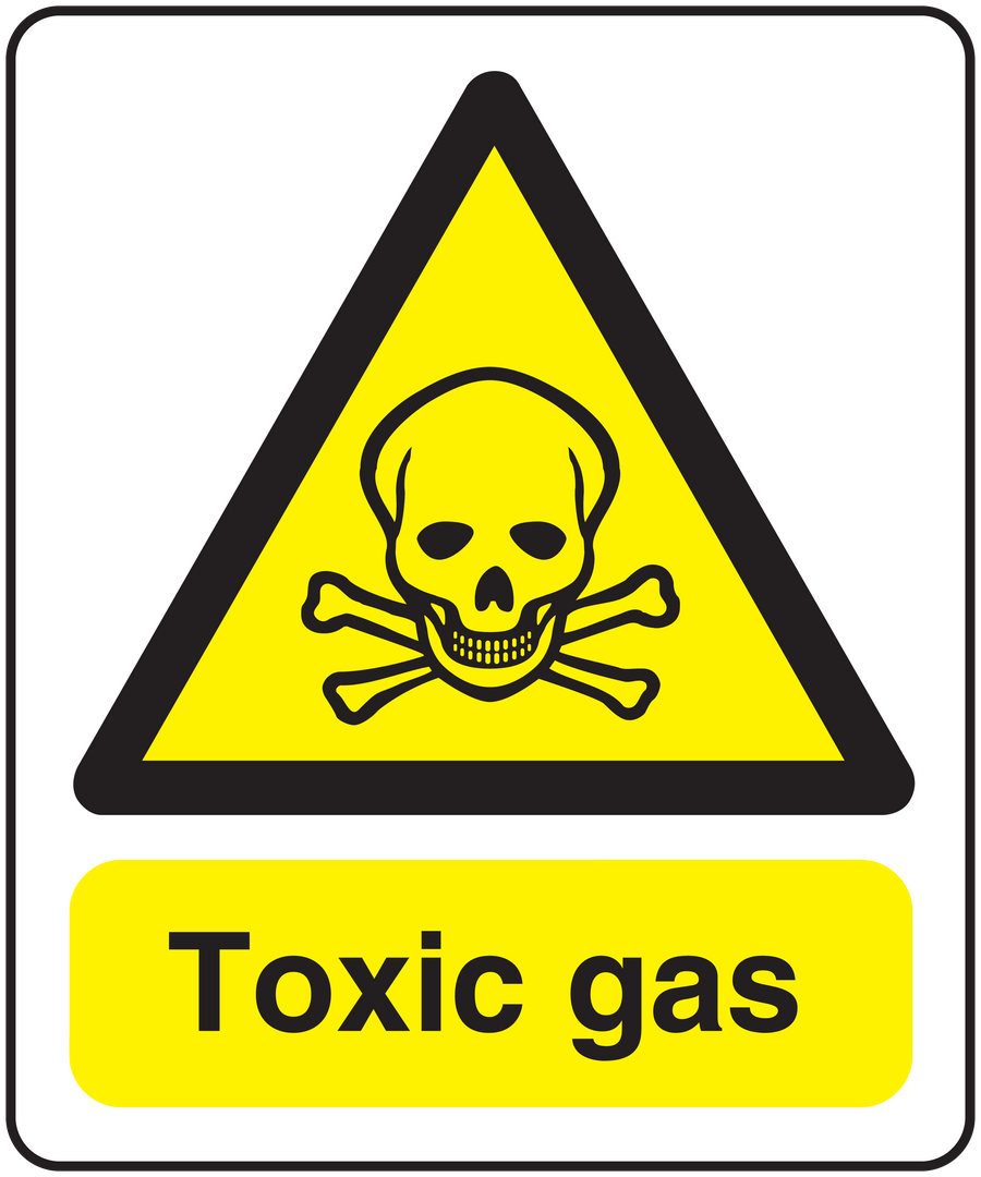 Toxic gas caution sticker with yellow triangle, skull and crossbones, and “Toxic gas” text