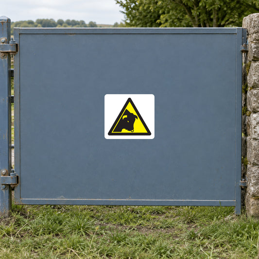 Caution bull warning sticker with yellow triangle and black bull icon