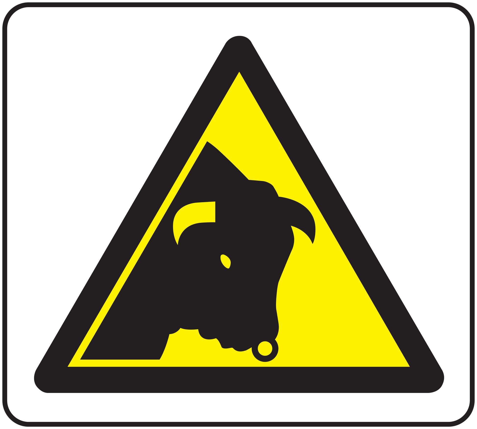Yellow caution sticker with black bull head inside a warning triangle