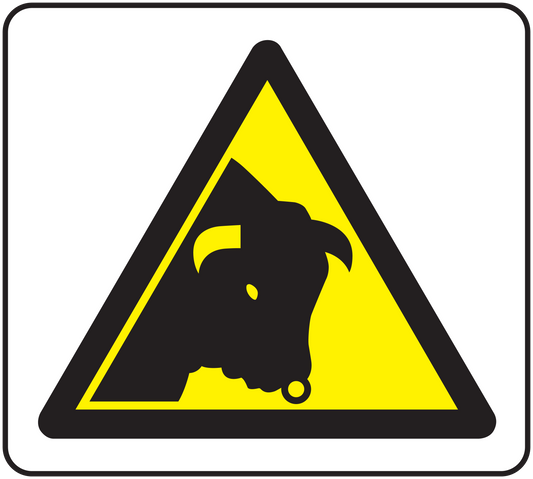 Yellow caution sticker with black bull head inside a warning triangle