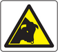 Yellow caution sticker with black bull head inside a warning triangle