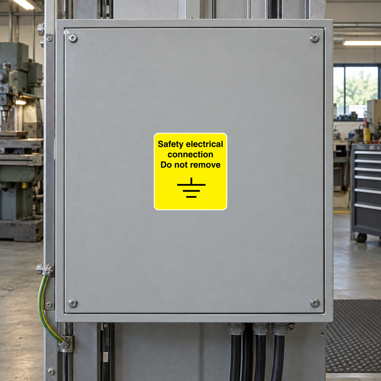 Metal electrical junction box with yellow safety sticker, do not remove.