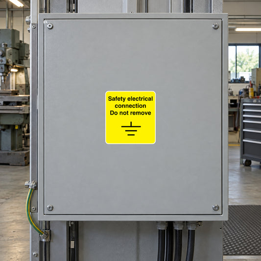 Metal electrical junction box with yellow safety sticker, do not remove.