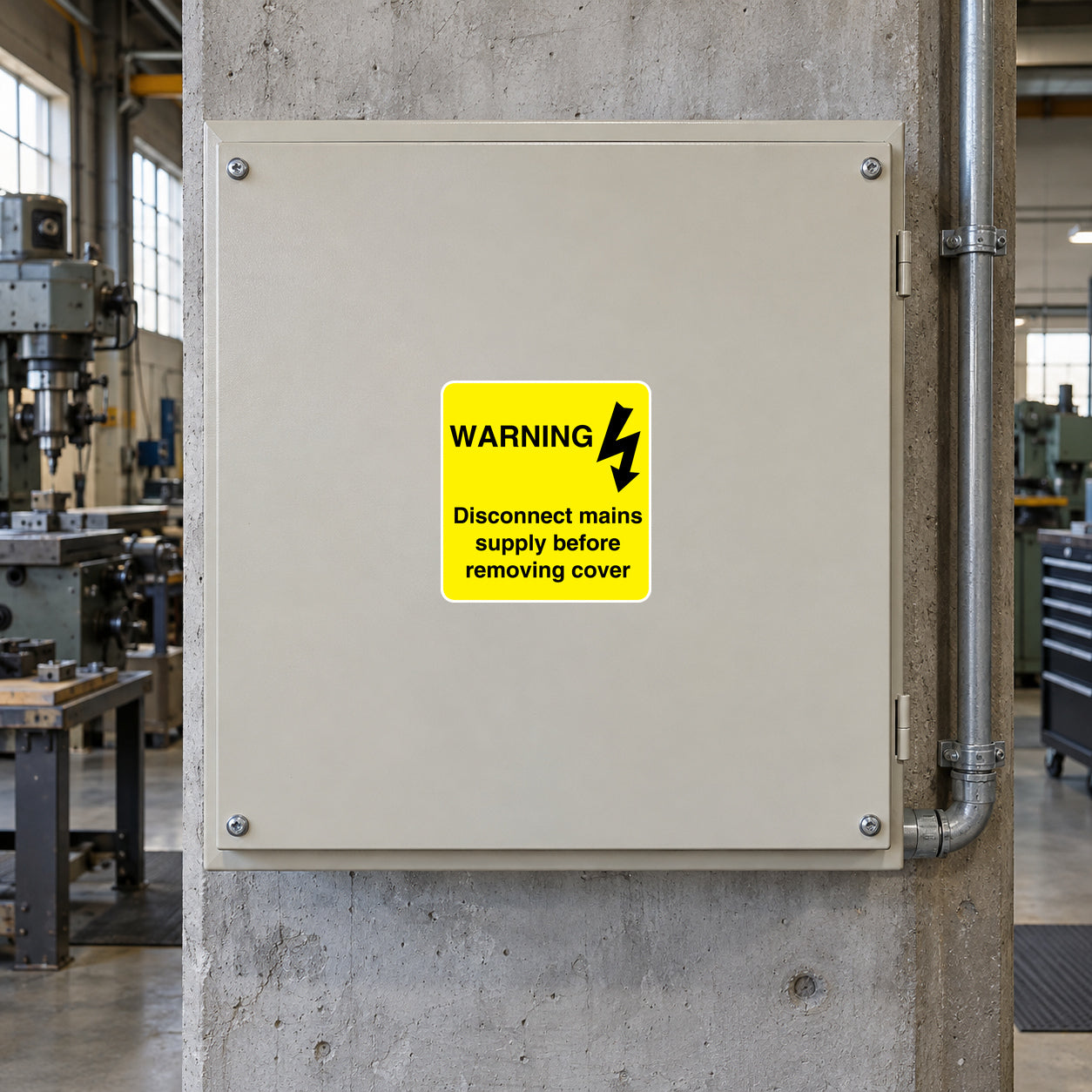 Yellow warning sticker: Disconnect mains supply before removing cover