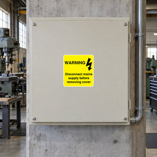 Yellow warning sticker: Disconnect mains supply before removing cover