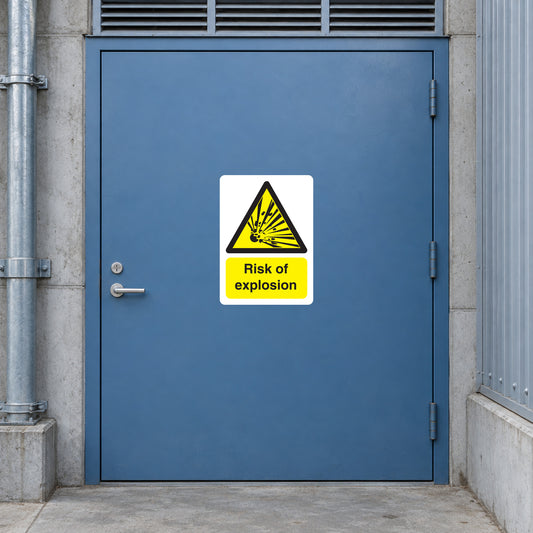 Explosion risk warning sticker with yellow triangle and "Risk of explosion" text