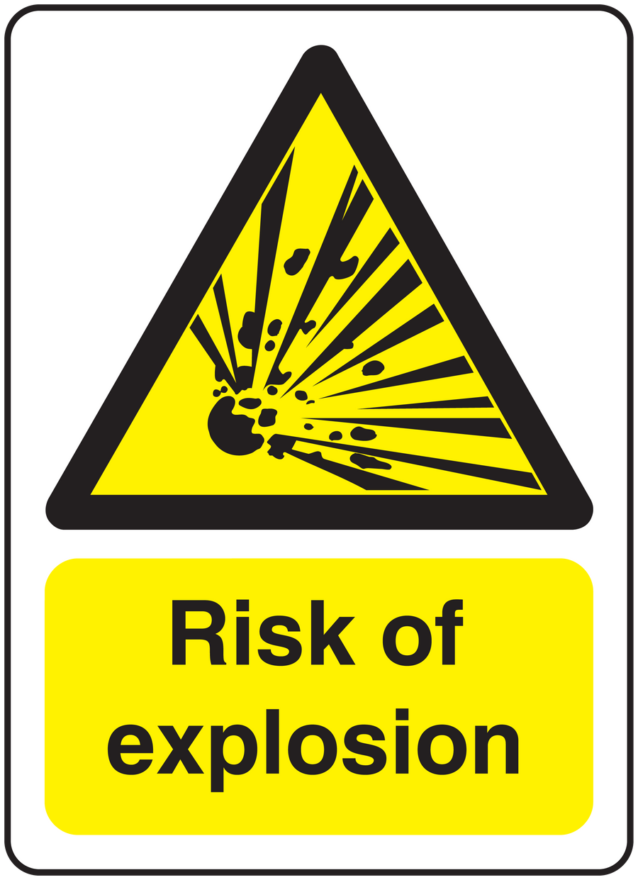 Caution risk of explosion sticker with yellow warning triangle and bold text