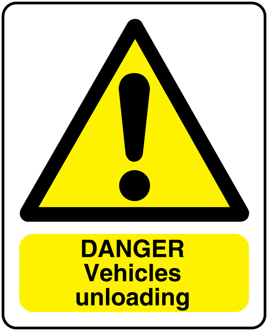 Danger Vehicles unloading warning sticker with yellow triangle and exclamation symbol