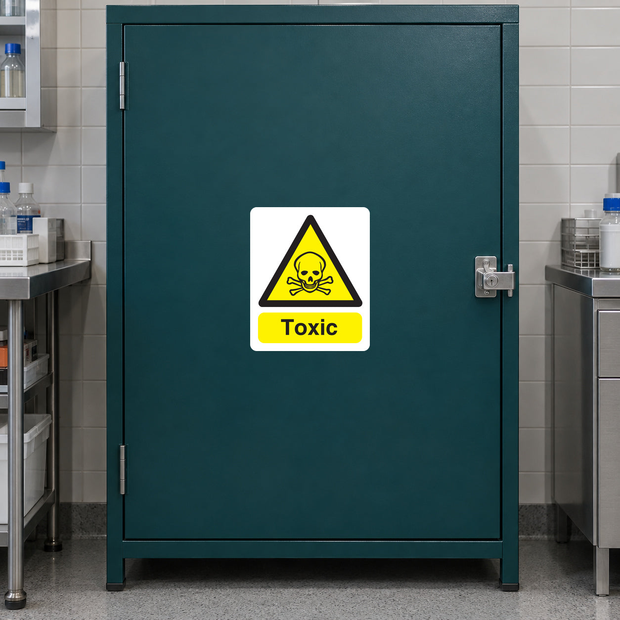 Caution Toxic Poison Sticker applied in Closed dark teal poison storage cupboard in a veterinary research laboratory, broad single central door, latch far right, bench and tiled wall at edges.