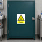 Caution Toxic Poison Sticker applied in Closed dark teal poison storage cupboard in a veterinary research laboratory, broad single central door, latch far right, bench and tiled wall at edges.