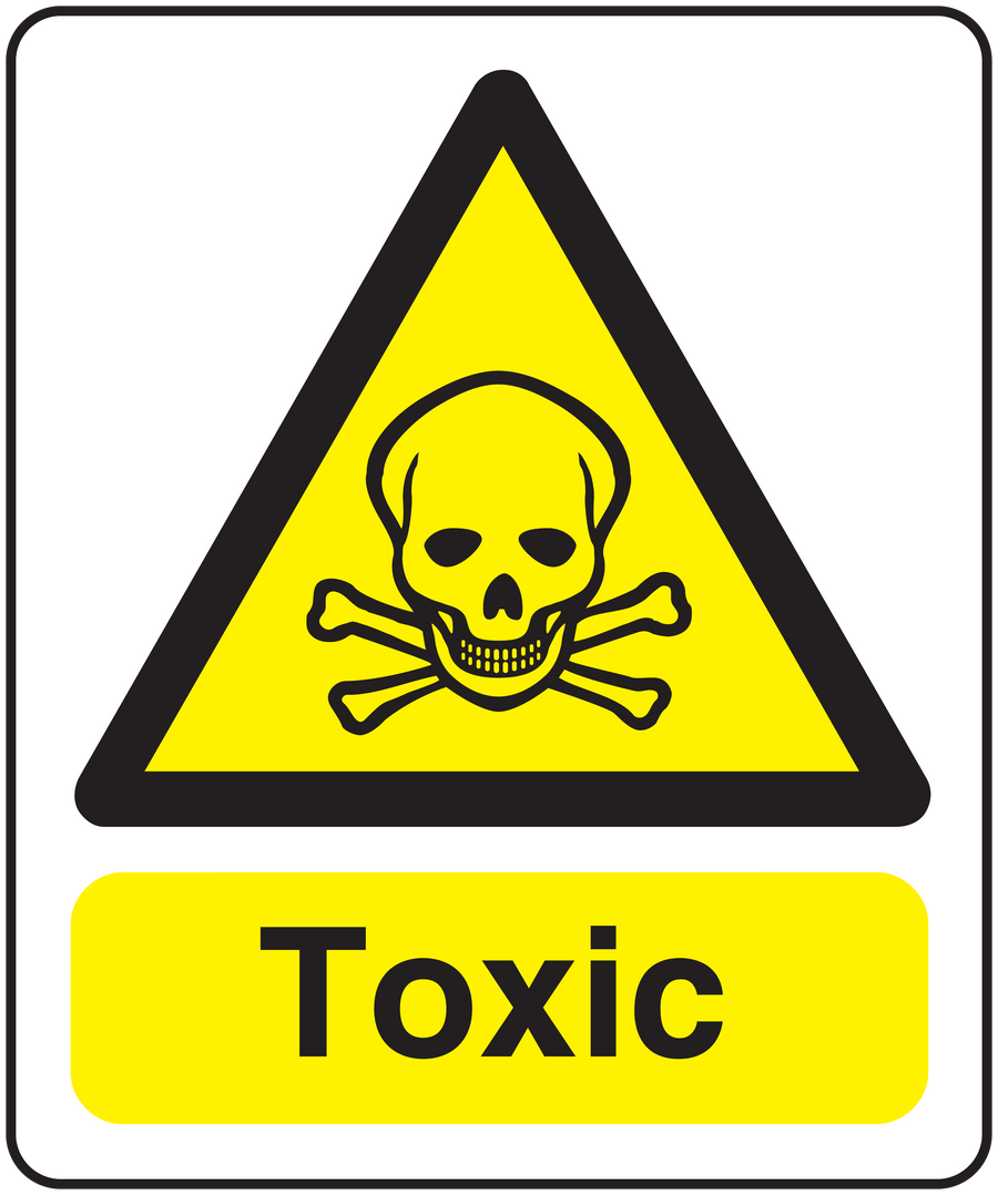 Toxic poison warning sticker with yellow hazard triangle, skull, crossbones, and TOXIC text