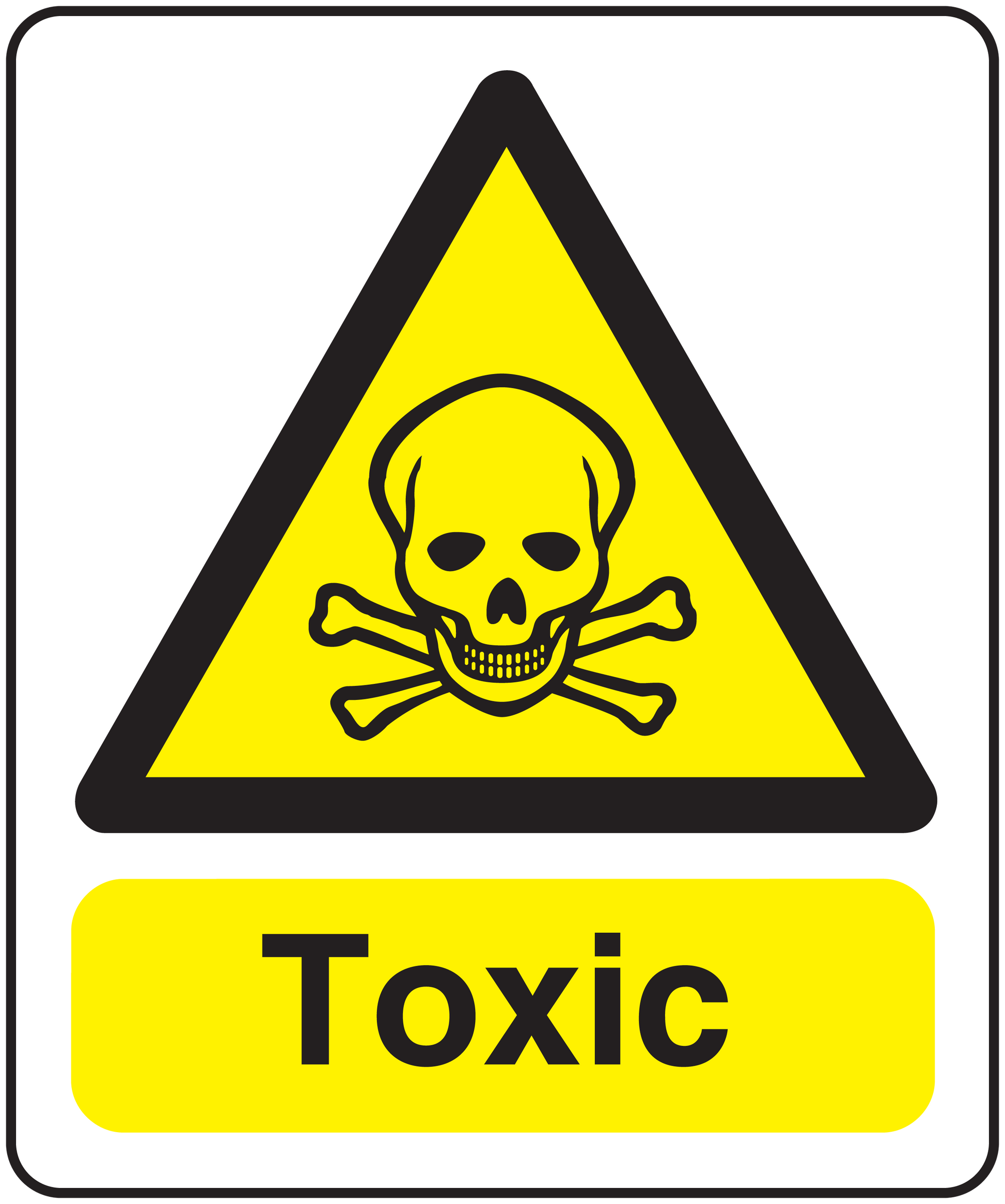Toxic poison warning sticker with yellow hazard triangle, skull, crossbones, and TOXIC text