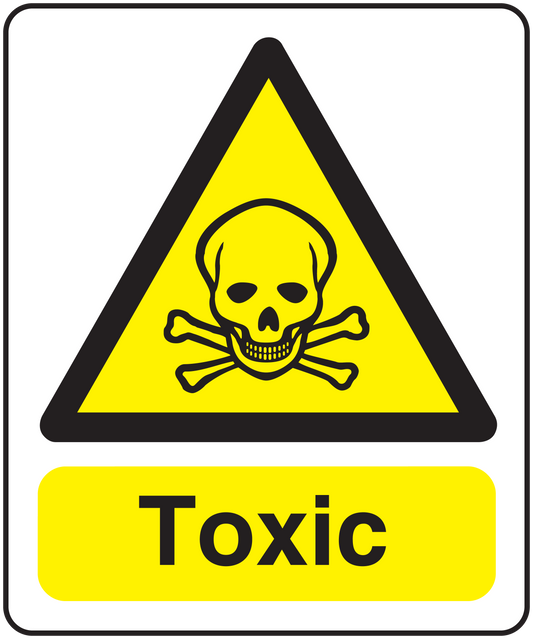 Toxic poison warning sticker with yellow hazard triangle, skull, crossbones, and TOXIC text