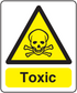 Toxic poison warning sticker with yellow hazard triangle, skull, crossbones, and TOXIC text
