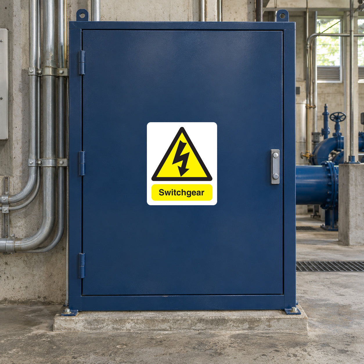 Switchgear caution sticker on blue metal cabinet door with warning symbol
