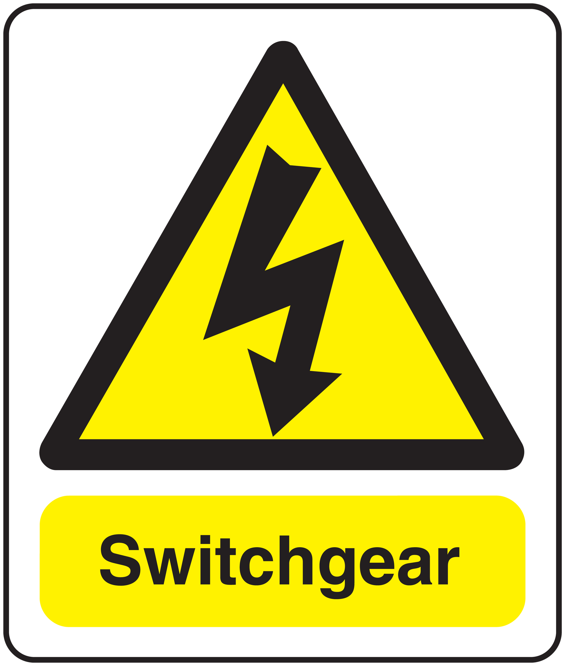Caution switchgear sticker with yellow warning triangle, lightning icon, and 'Switchgear' text
