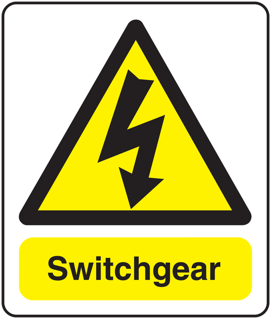 Caution switchgear sticker with yellow warning triangle, lightning icon, and 'Switchgear' text