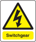 Caution switchgear sticker with yellow warning triangle, lightning icon, and 'Switchgear' text