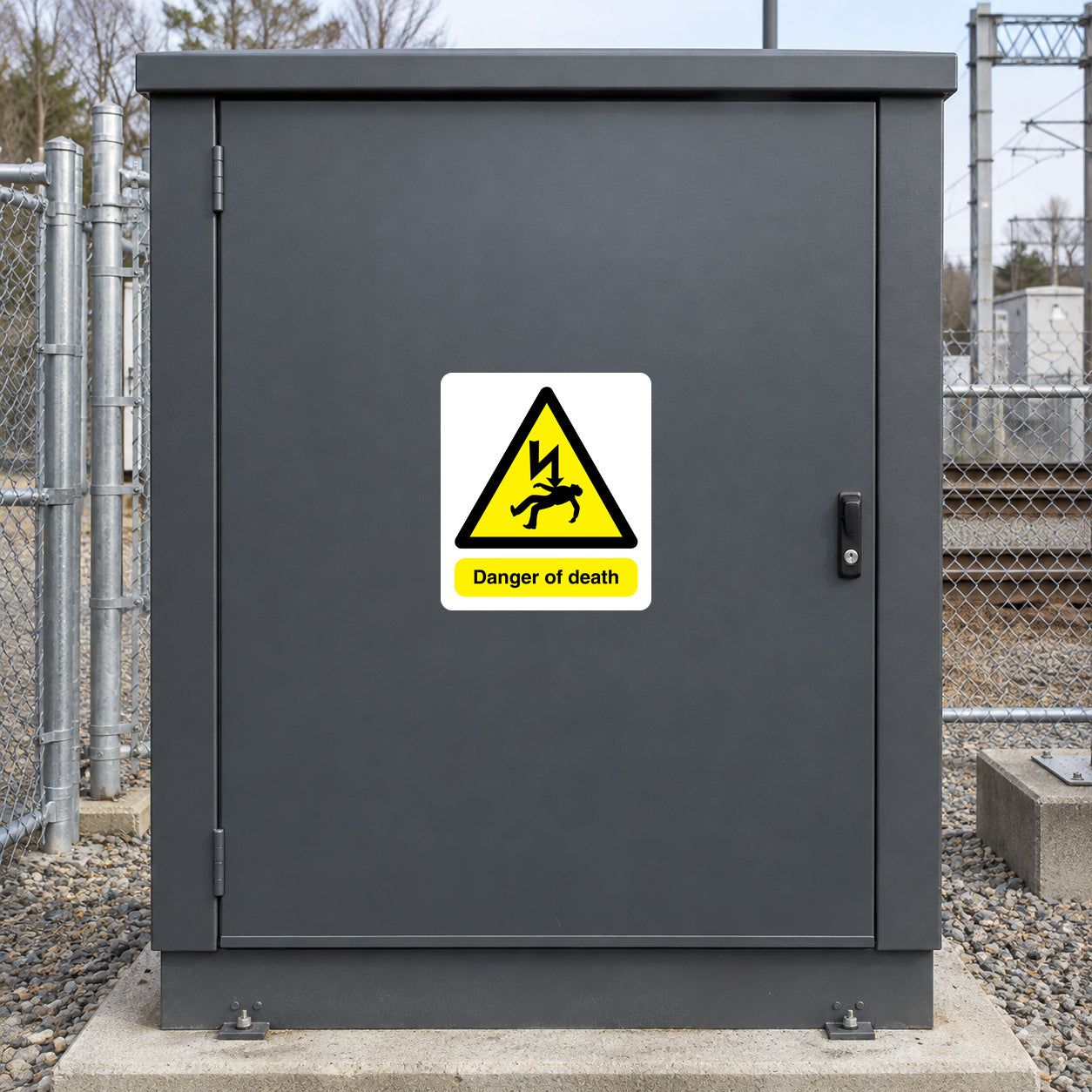 Warning sticker with yellow hazard triangle, falling figure, and 'Danger of death' text
