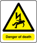 Danger of death warning sticker with yellow triangle, black symbol, and bold text