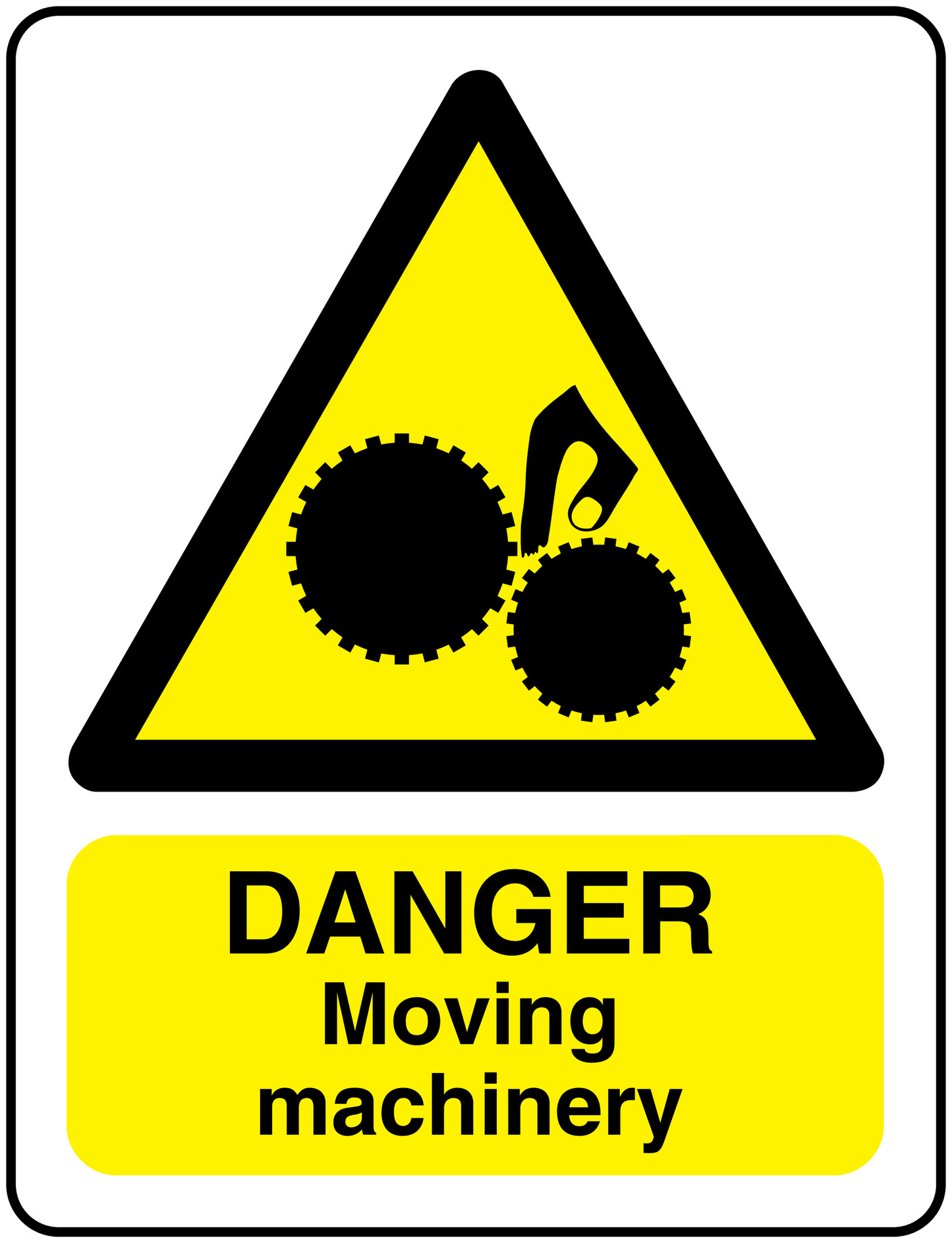 Warning danger machinery sticker with yellow triangle, gears icon, and bold text