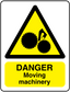 Warning danger machinery sticker with yellow triangle, gears icon, and bold text